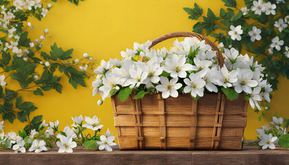 Fototapeta na wymiar White flowers in wooden basket on yellow spring background 3D Rendering