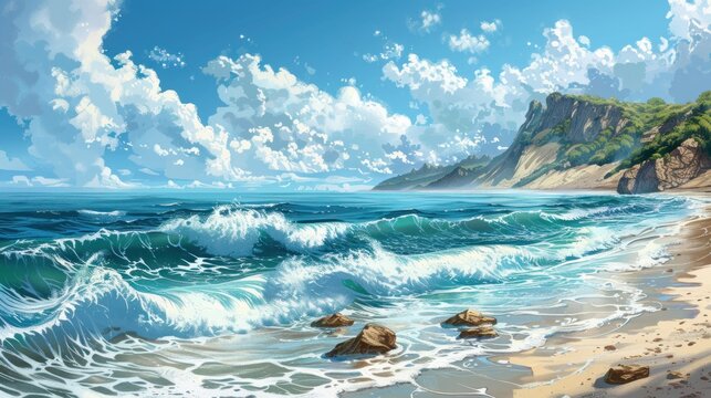 Tranquility Illustrated in Sea Shore Illustration Wallpaper