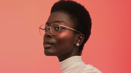 Fototapeta premium A poster design featuring a model wearing glasses, set against a solid background. The model's outfit and accessories are presented in a minimalist style, with the use of whitespace and clean lines.