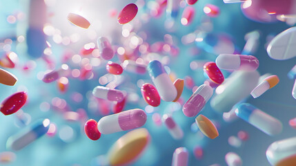 A 3D animator creating a backdrop background filled with floating pills and medicine capsules