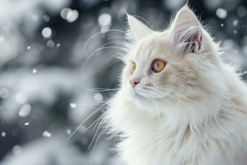 Angora cat in snow. Fluffy purebred feline in wintertime season. Generate ai