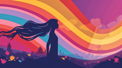 Silhouette of a woman with flowing hair stands before a colorful rainbow background with heart-shaped clouds and flying birds.
 - Powered by Adobe