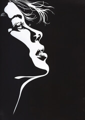 Graphic profile of a beautiful woman, white on black