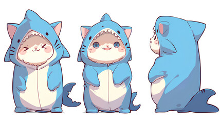 three cat wearing blue shark costume anime onesie