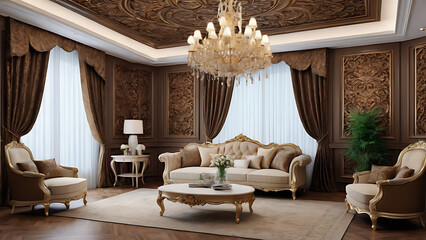 vintage chic, luxurious living room, mandala on the ceiling in brown beige gold tones