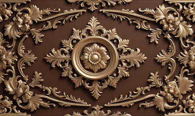 background, model of ceiling and wall decoration with 3d wallpaper. decorative frame on a luxurious background of brown gold marble, flowers and mandala.