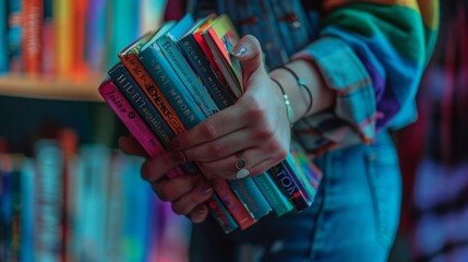 Avid Reader Showcasing a Colorful Collection of Books in a Vibrant Library