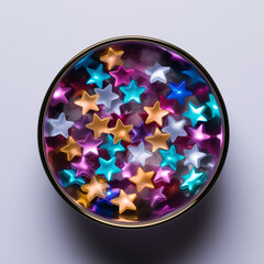 A colorful pile of little stars, in shades of purple and blue, in a bowl. The shiny, translucent plastic stars create a festive and celebratory background. AI-generated