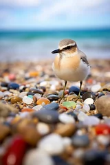  A little cute gray bird perching on a beautiful pebble beach. An idyllic landscape with one small bird on a seashore. AI-generated © Punkbarby