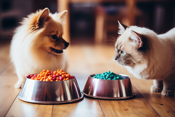 Two adorable pets, a cat and a dog, eating kibble from their bowls. Friendship between 2 furry companions as they enjoy their meal together. AI-generated
