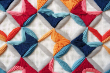 A close-up decorative embroidery on white textile. Rhombuses of red and blue creating an abstract geometric pattern. AI-generated