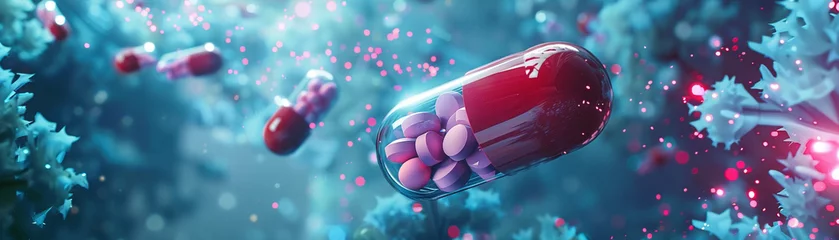 Poster An AI art generator generating a unique and futuristic interpretation of medicine and pharmaceuticals in a dreamlike landscape © Bordinthorn