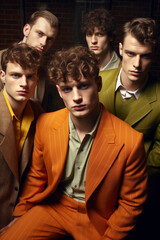 A group of white male models posing for a vintage-inspired fashion photoshoot. Five young men in bold, striped suits exude confidence. AI-generated