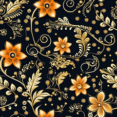 Seamless floral pattern. Batik flowers wallpaper. Orange flower on black background. Vintage backdrop. floral paisley embroidery on white background. Design for texture, fabric, clothing, wrapping