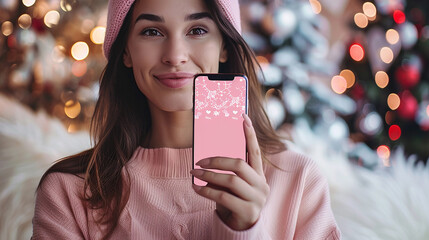 promoção de dia dos namorados maquete! mulher feliz segurando o celular para frente, celular em primeiro plano