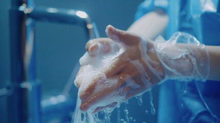 A pair of hands washing with soap and water, underlining hygiene's importance, World Health Day, doctor, hospital, with copy space