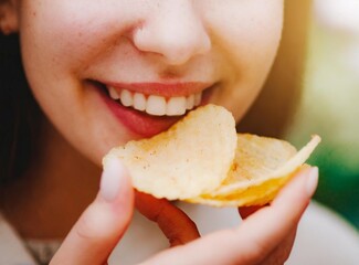 Woman eat potato chips. Mouth closeup.
