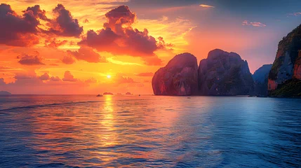 Selbstklebende Fototapeten A photo of the Phi Phi Islands, with towering limestone cliffs as the background, during a vibrant sunset © VirtualCreatures