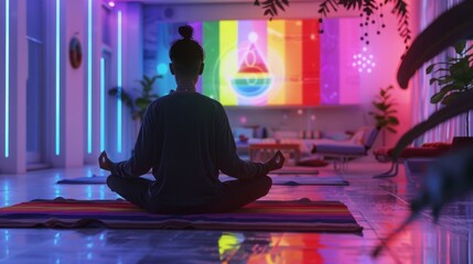 Tranquil Meditation Room with Vibrant Rainbow Colors and Ambient Lighting