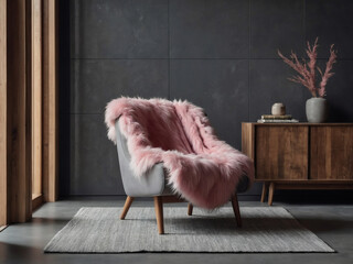 Grey lounge chair with a pink fur blanket near a wooden wardrobe against a grey wall, capturing refined rustic elements in a modern living room. - obrazy, fototapety, plakaty
