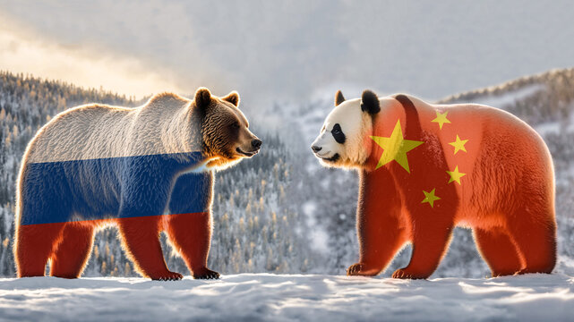 Russian brown bear and Chinese panda bear on meeting. Bears with flag on bodies. Russian-Chinese cooperation concept. 16:9.