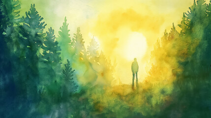 Solitary Figure Contemplating Sunrise in Watercolor Forest - obrazy, fototapety, plakaty