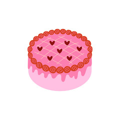 Pink birthday cake with hearts. Vector flat illustration on isolated background