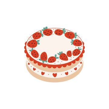 recommend clip art: Cute cake with strawberries. Vector flat illustration with dessert fruit cake. Birthday party concept. Clipart for greeting card, holiday invitation 