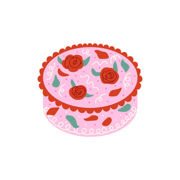 Pink cake with roses. Vector flat illustration with holiday floral cake for birthday party, wedding, celebration, valentine's day