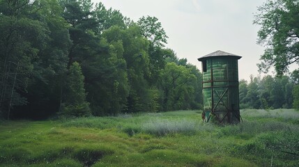 Water tower supply in green meadow