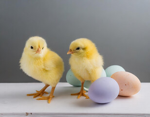 Easter. Yellow chick and pastel eggs on white table, studio, white background