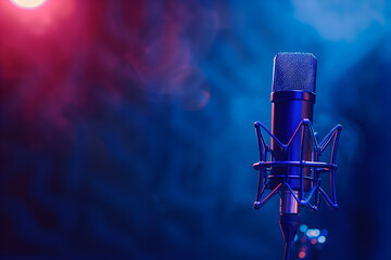 a professional microphone on the background in a dark blue sound recording studio with copy space for text - obrazy, fototapety, plakaty