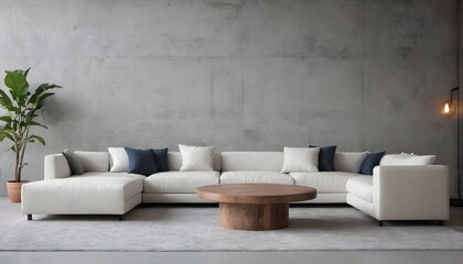 Round wood coffee table near grey corner sofa in room with concrete wall. Minimalist, loft home interior design of modern living room.
