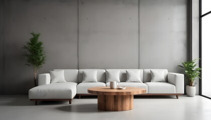 Fototapeta na wymiar Round wood coffee table near grey corner sofa in room with concrete wall. Minimalist, loft home interior design of modern living room.