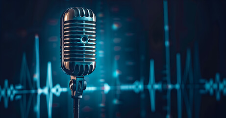 A vintage microphone with sound waves on dark blue background for podcast or radio banner design