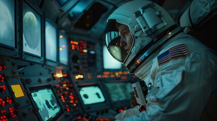 an astronaut wearing white space suit and helmet, in control room on a space station looking at multiple screen panels - obrazy, fototapety, plakaty
