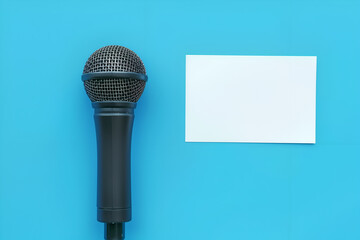 microphone with white card on blue background, for presentation or media news or interview concept...