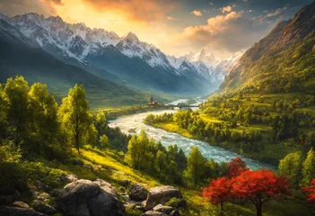 Foto op Canvas Beautiful colorful landscape with mountain river in a green highlands valley. Landscape of Tibetan province in China. Drawn picture. © nskyr2