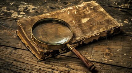 Vintage sepia tones reminiscent of old detective novels, a single antique magnifying glass resting on a worn wooden desk