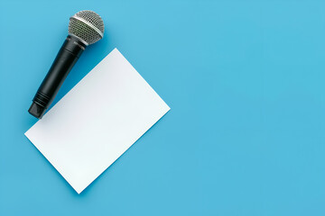 microphone with white card on blue background, for presentation or media news or interview concept...