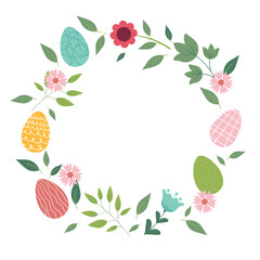 Happy Easter concept, elements for poster, greeting card. Trendy Easter design with flowers, eggs, in pastel colors on white background. Flat vector illustration.