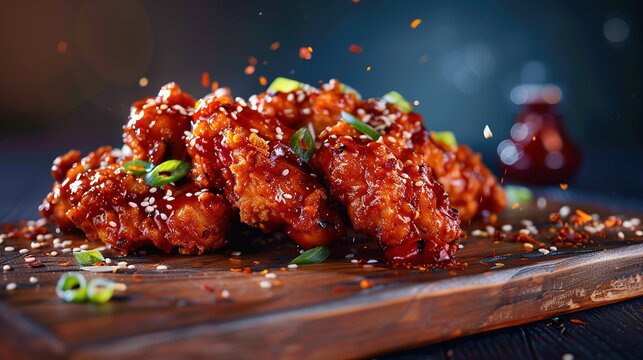 Gastronomic picture of a 2 michelin star's spicy korean fried chicken tenders with a lot of CHILI SAUCE and crumbles on a woodtable