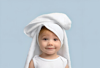 portrait of happy smiling baby with white towel on head isolated over background