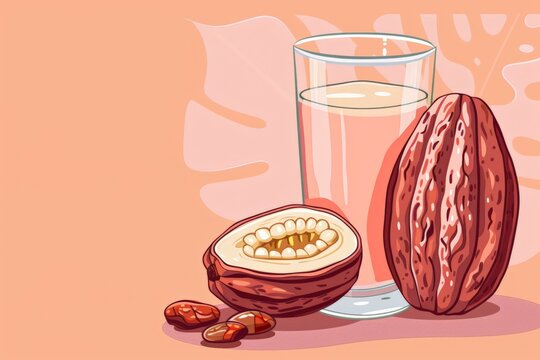 illustration of cacao water with cacao fruit and beans on a pastel peach backdrop.