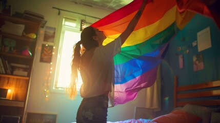 Embracing Identity with Pride - A Young Individual Celebrating with a Rainbow Flag - obrazy, fototapety, plakaty
