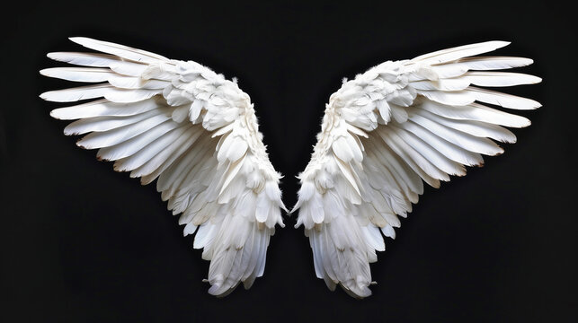 A beautiful set of spreading wings on a black background.Angel, dove concept