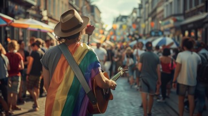 Street Performer Walking Down a Bustling Market Street