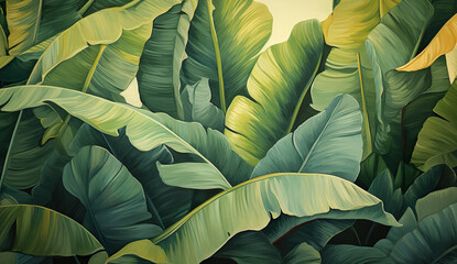 Pencil color drawing or painting of dark banana,plam leaves detail with dramatic shadow lighting.tropical botany floral wallpaper background.foliage greenery art with complex layer