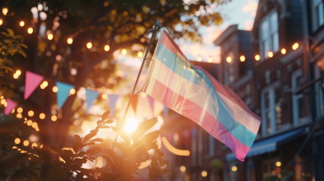 Transgender Pride Flag Fluttering in the Warm Glow of a Sunset
