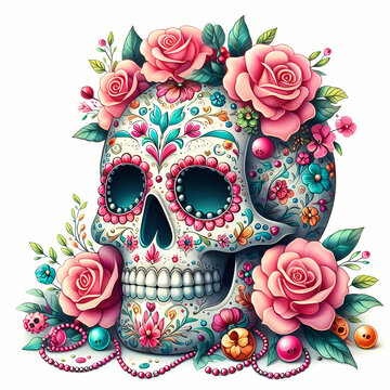 Sugar Skull T-shirt Design. Floral Sugar Skull Illustration